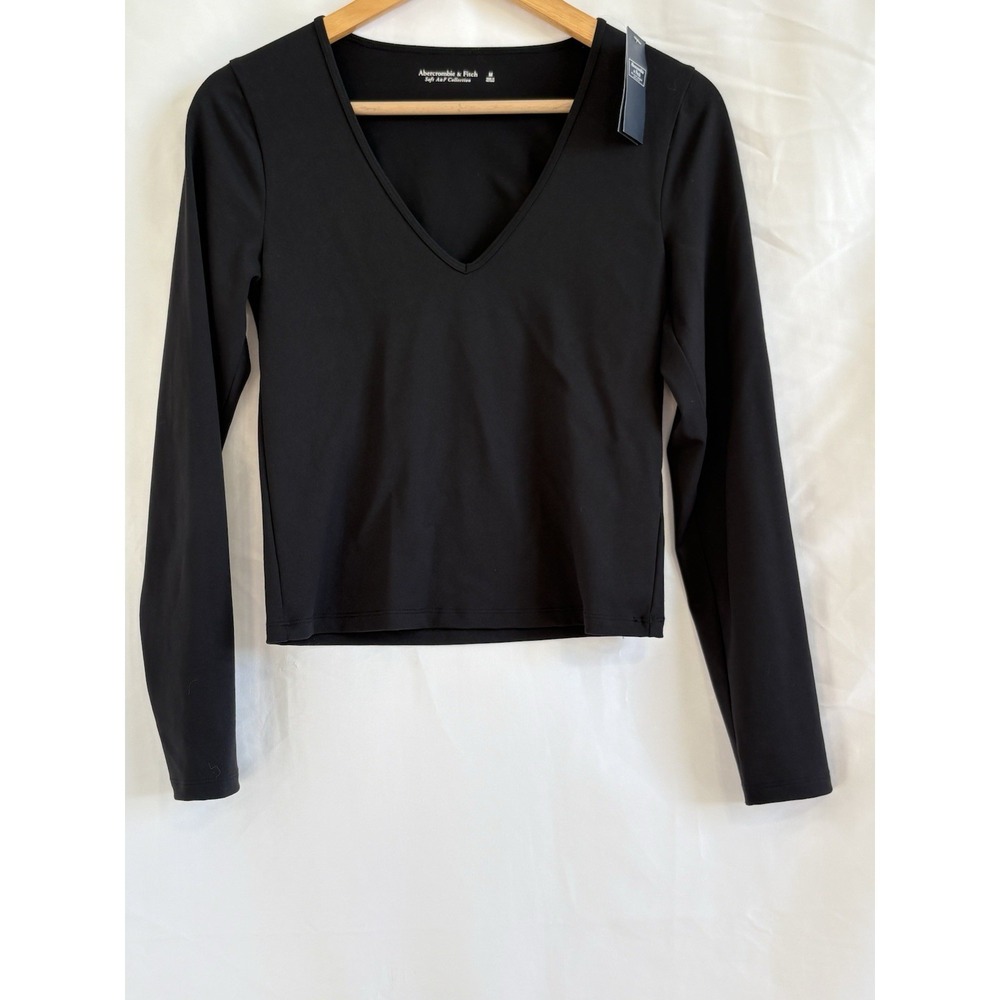 Abercrombie & Fitch Black Solid Knit V-Neck Long Sleeve Pullover Top M NWT